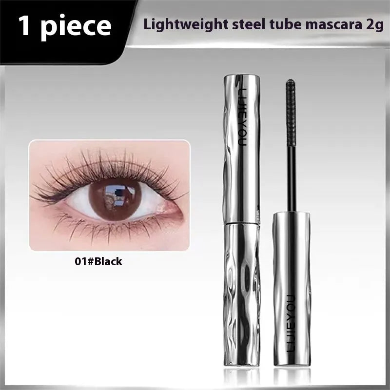 Waterproof mascara in steel tube with black and brown colour options shown with eyelash curler