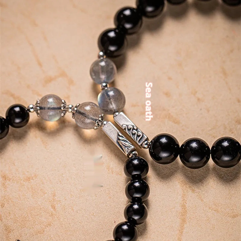 Obsidian Buddhist prayer beads couple bracelet DIY kit showing 8mm and 10mm beads
