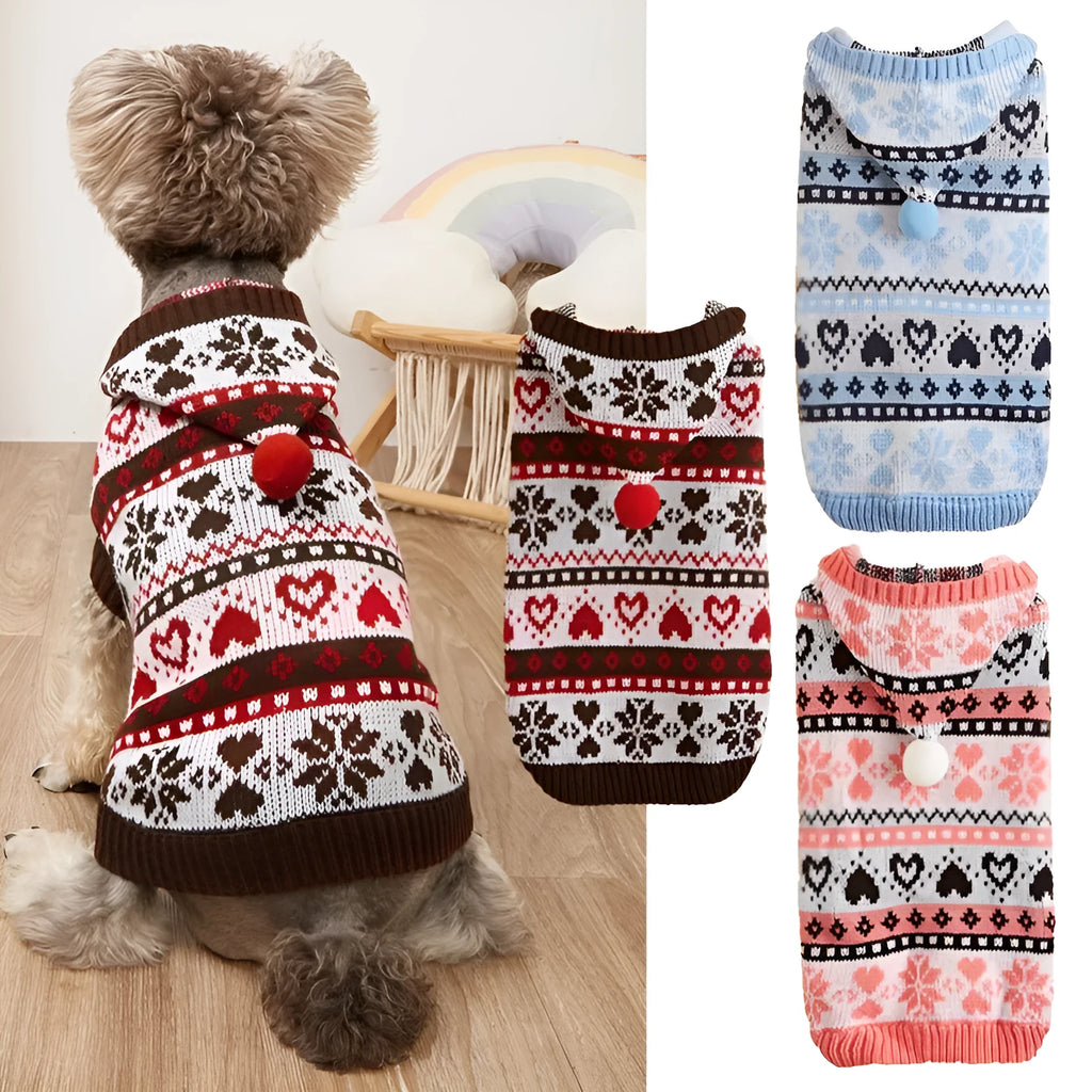 Acrylic knitted dog sweater with snowflake love striped camouflage pattern in pink blue grey colours