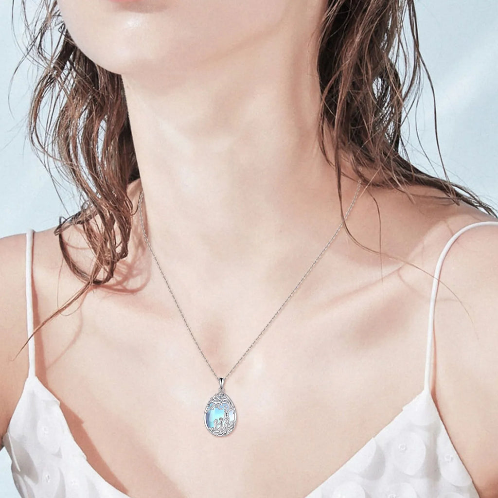 Sterling silver moonstone tree of life pendant with white gold plating on 18-inch cable chain