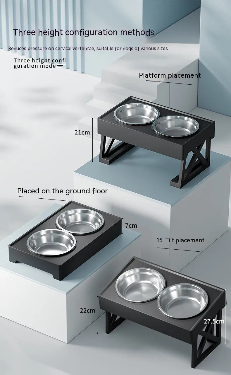 Adjustable elevated stainless steel anti-choke slow food dog bowl with double bowl set on floor