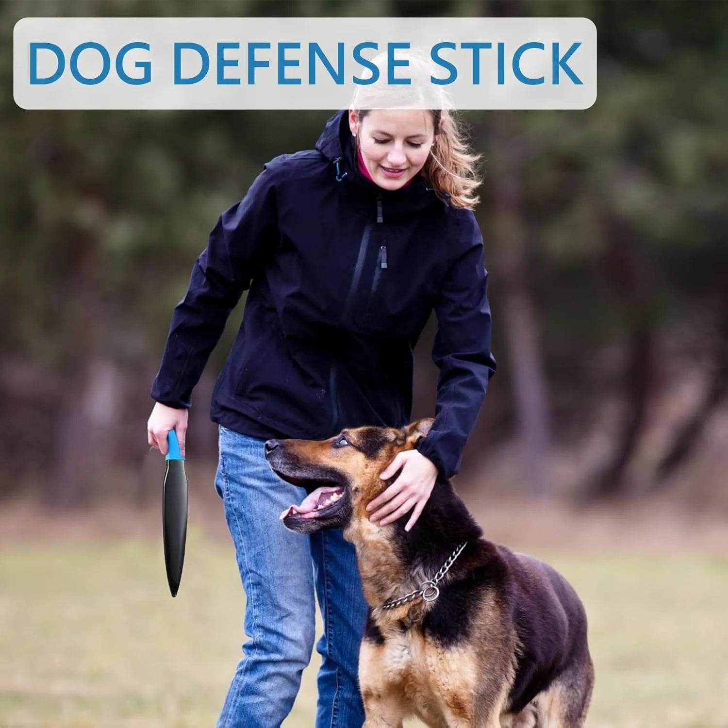 A blue and black nylon dog training break stick measuring 35cm in length.