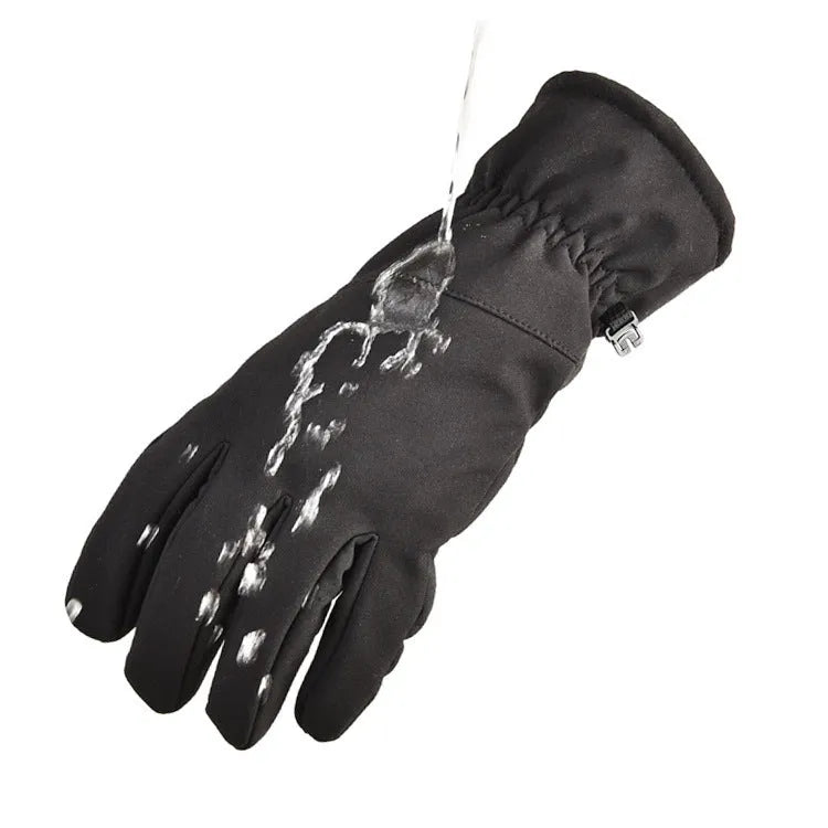 A pair of nylon tactical ski gloves in camouflage colour on a snowy background.