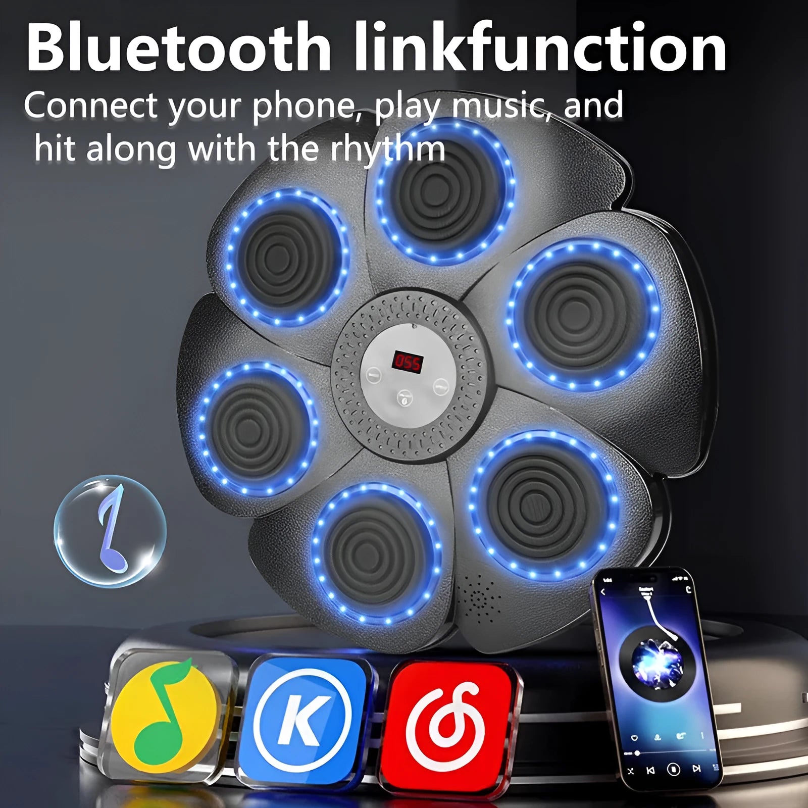 Black smart music boxing wall target with LED lights and included half-finger Velcro glove.