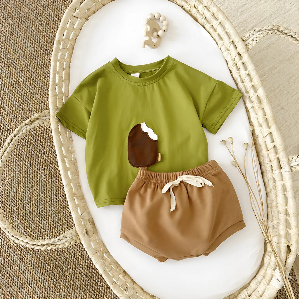Girls' cotton casual round neck ice cream patch short sleeve shorts suit in Olive, Apricot, and White for summer