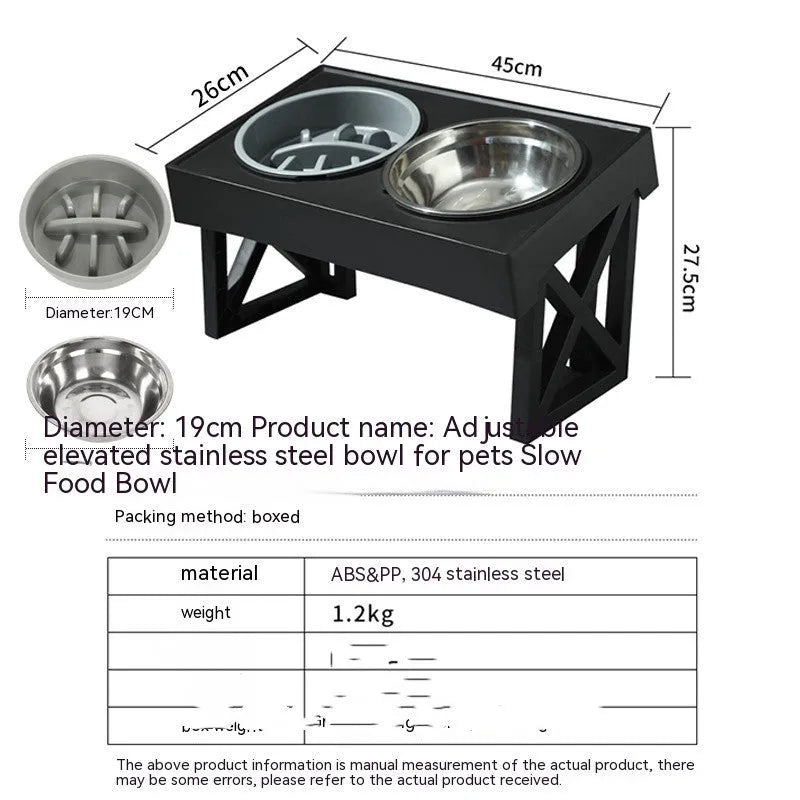 Adjustable elevated stainless steel anti-choke slow food dog bowl with double bowl set on floor