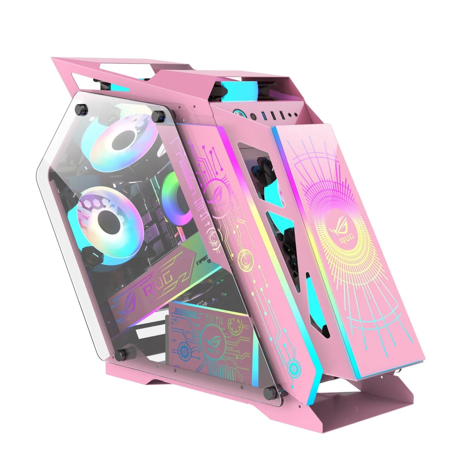 Table-type e-sports computer case metal chassis with RGB fan lighting on a desk