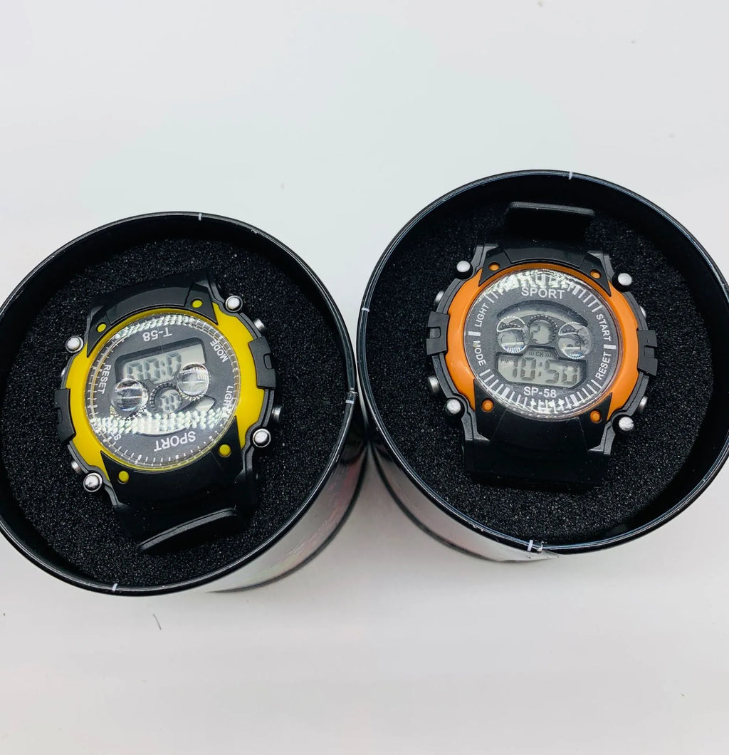 Children's digital sports watch with silicone strap and plastic case showing display with time, alarm, and calendar icons.