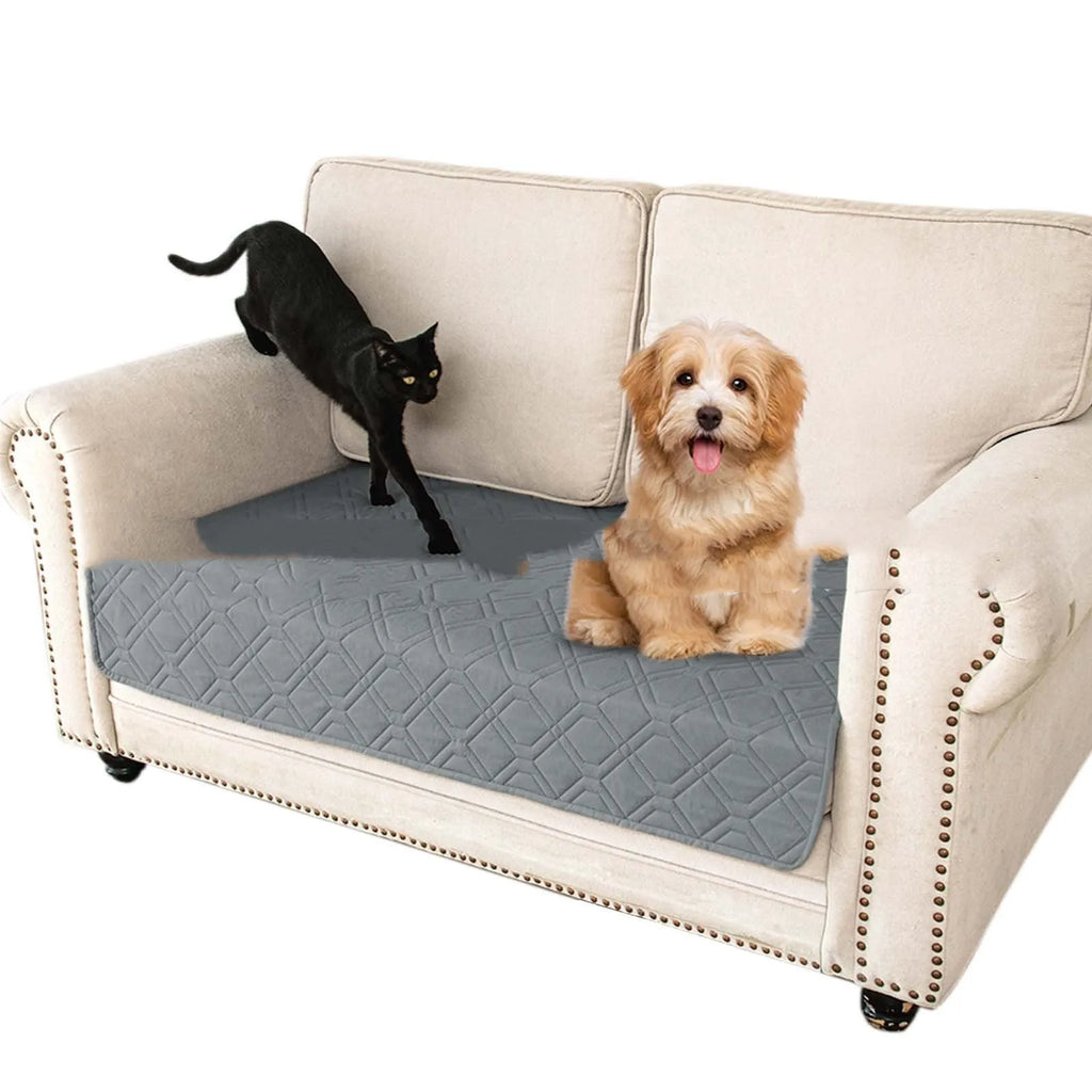 Reversible waterproof pet cushion for sofas in two-tone colours, shown alongside a size chart.