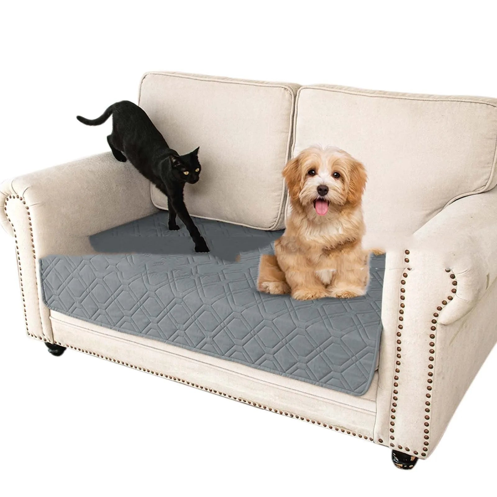 Reversible waterproof pet cushion for sofas in two-tone colours, shown alongside a size chart.