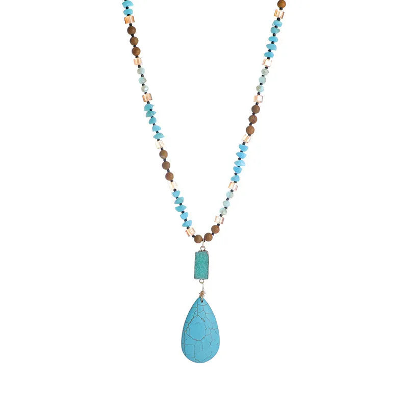 Blue turquoise water drop pendant necklace with mixed gem inlay on ball bead chain