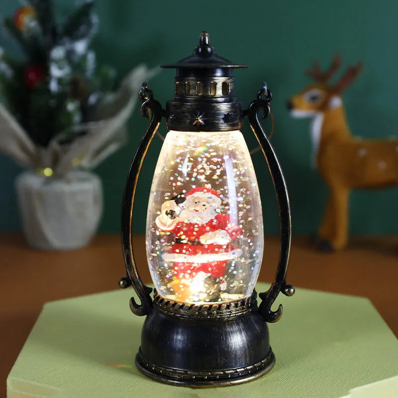 LED crystal ball oil lamp Christmas decoration with snowman or elderly figure inside coloured paper globe