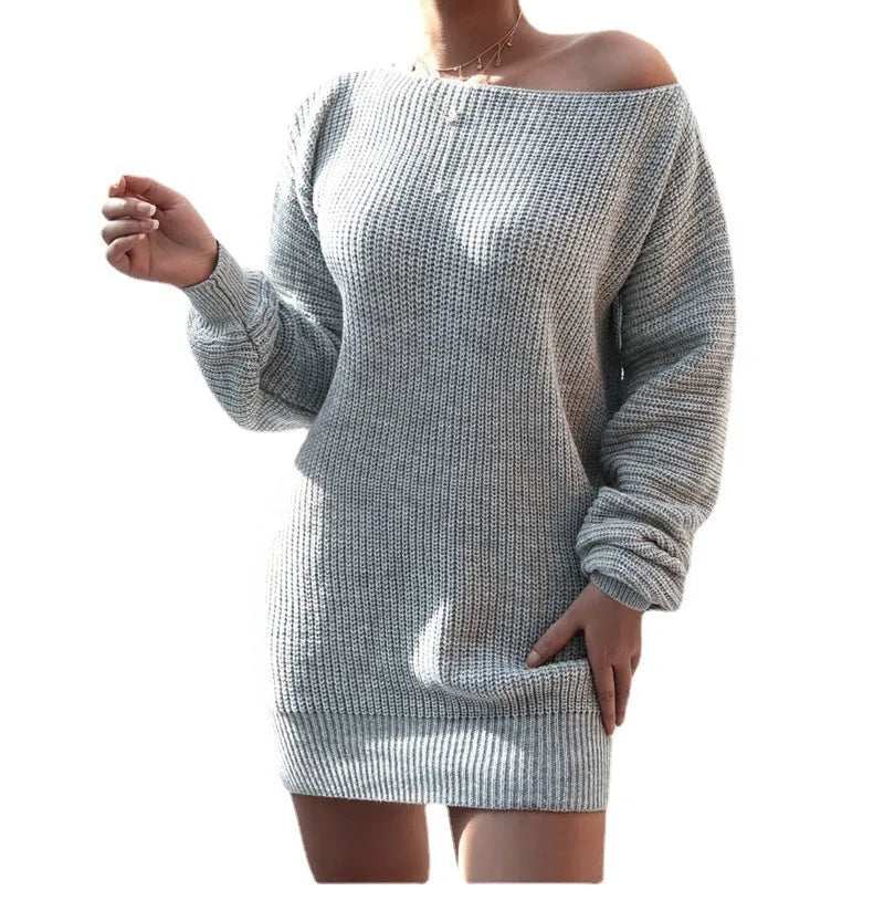 Women's off-shoulder knitted sweater dress with lantern sleeves in solid colour