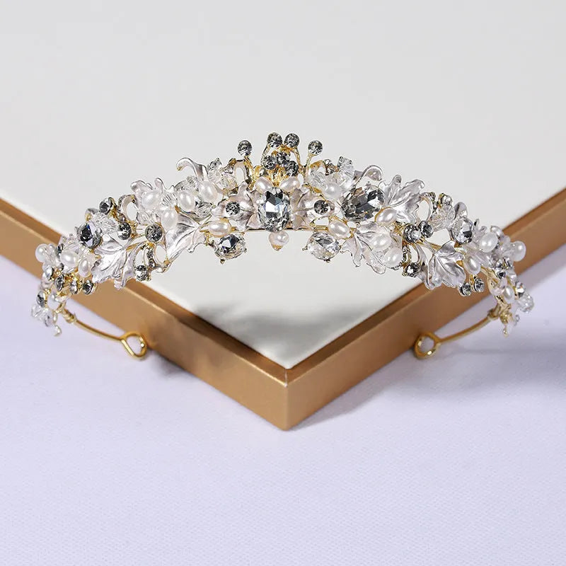 Pearl crown headdress with electroplated alloy construction in gold or silver colour