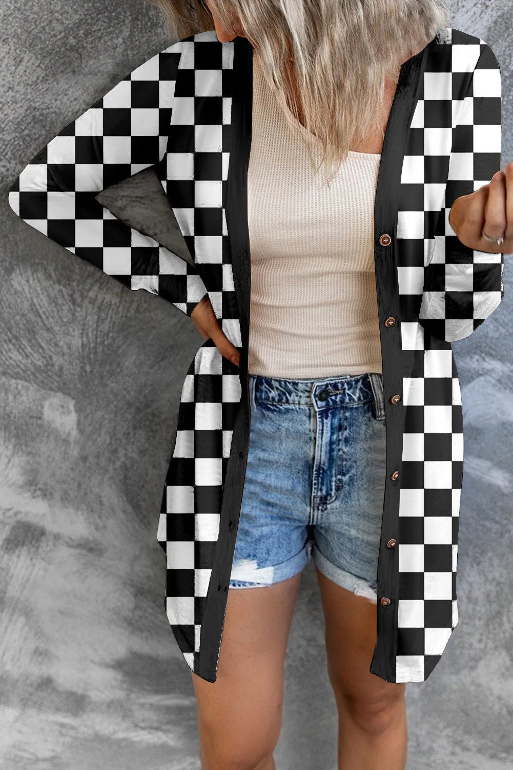Women's long grey plaid cardigan coat with loose fit and regular sleeves