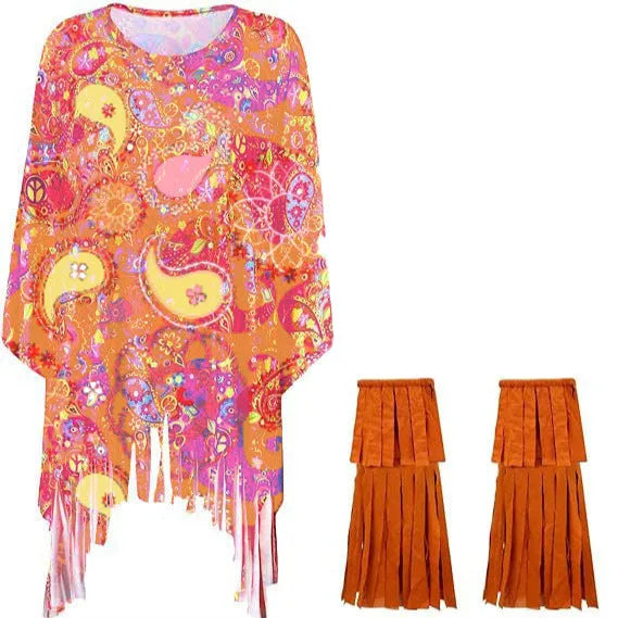 Tie dye patterned spandex cloak costume with bell sleeves in rainbow colours for Halloween