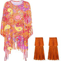Tie dye patterned spandex cloak costume with bell sleeves in rainbow colours for Halloween