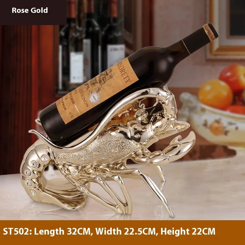 Lobster-shaped wine rack ornament in rose gold or elegant silver metallic finish