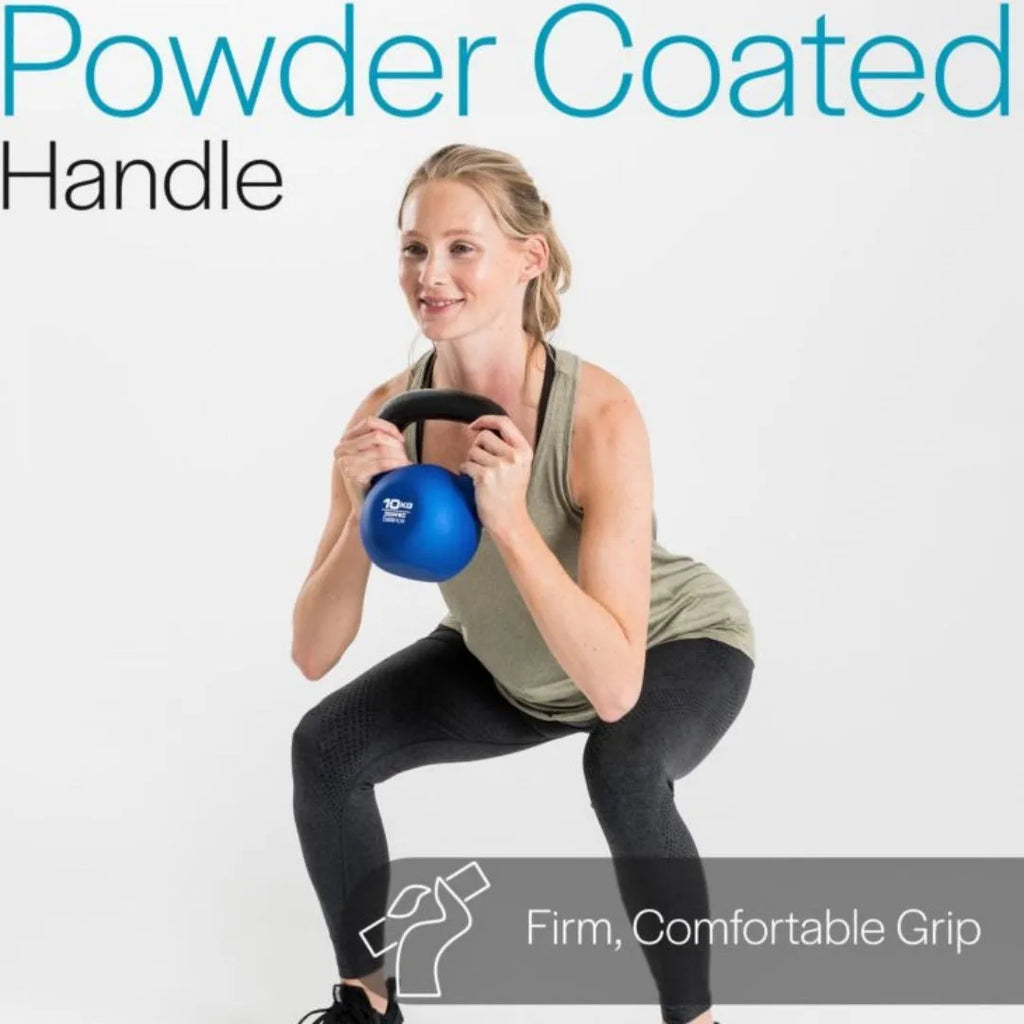 Blue cast iron teapot-shaped dumbbell kettlebell weighing 10 kg on a plain background.