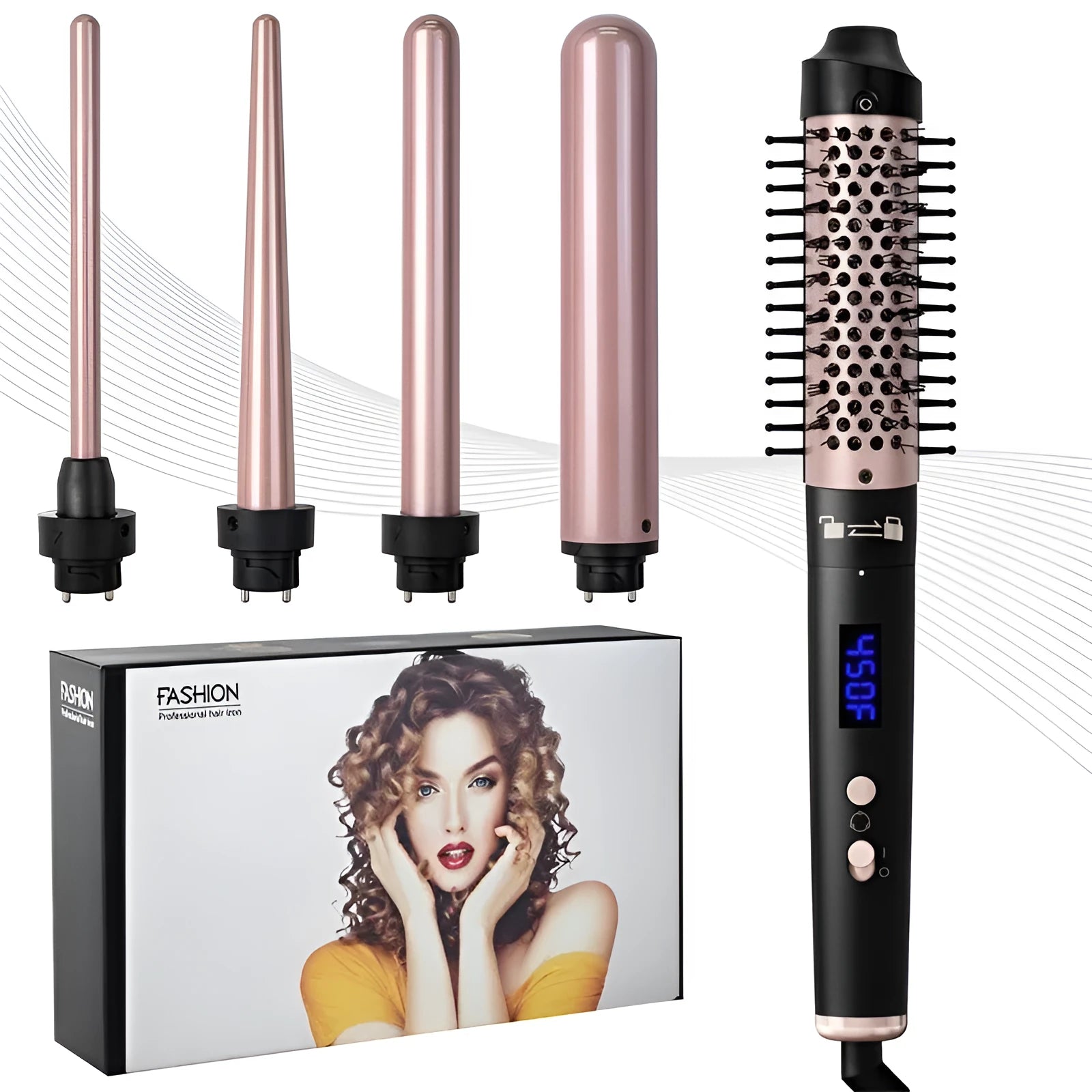 Automatic large wave hair curler appliance in rose gold or black with three headband attachments.