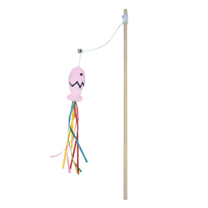 Blue cat wand toy with colourful ribbons, a catnip fish, and a bell on a wooden handle.