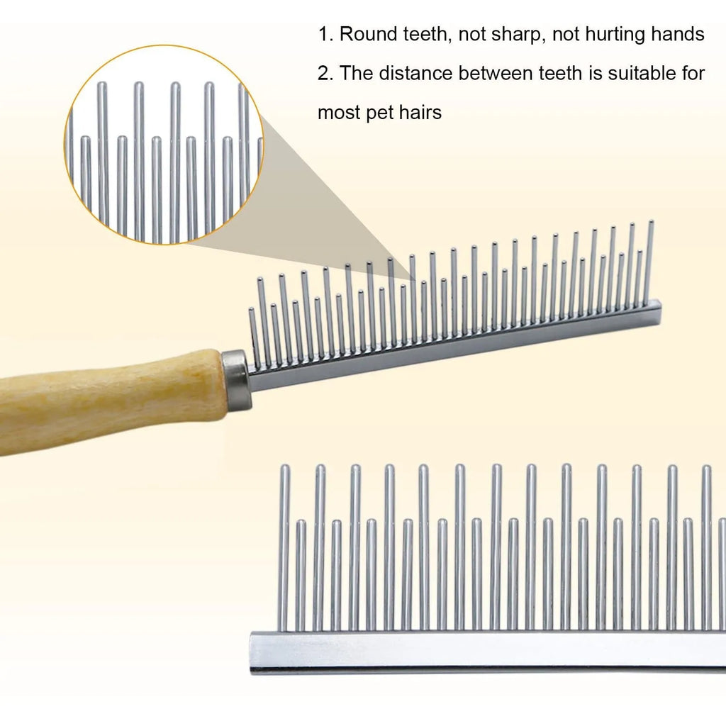 Wooden handle pet grooming comb for dogs and cats showing three comb head variations