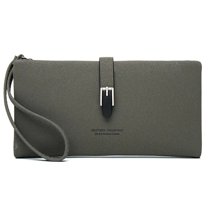 Long female wallet simple clutch in PU leather, solid brown colour, showing slim 19.5cm by 11cm design