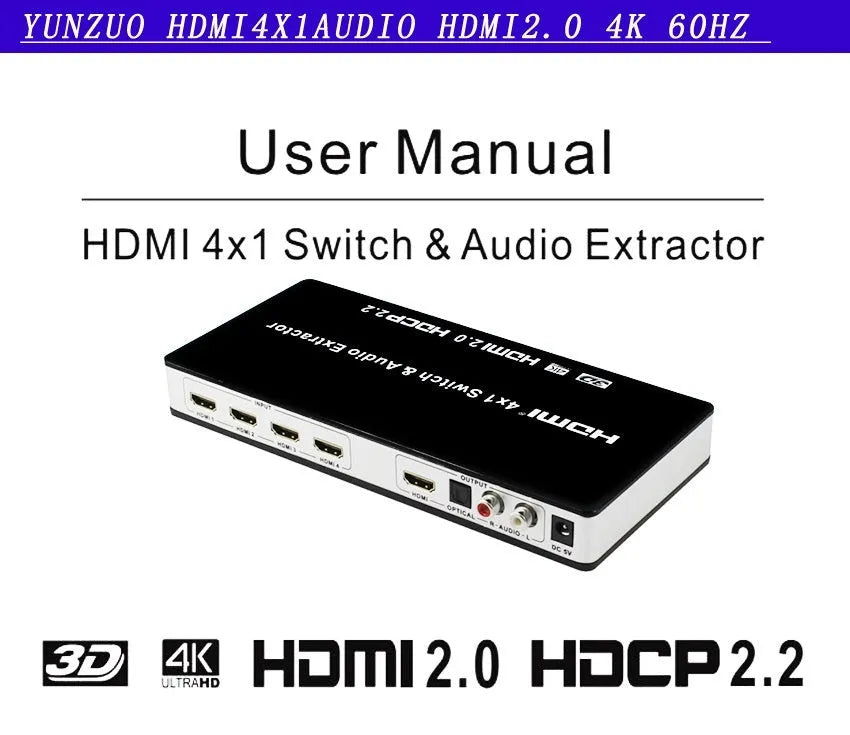 Black HDMI audio switch with 4 inputs and 1 output, remote control included