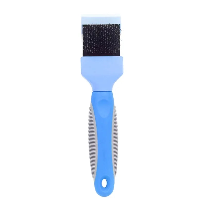 Blue double-sided pet brush with ergonomic handle shown next to pink version, displaying soft and firm stainless steel pin sides.