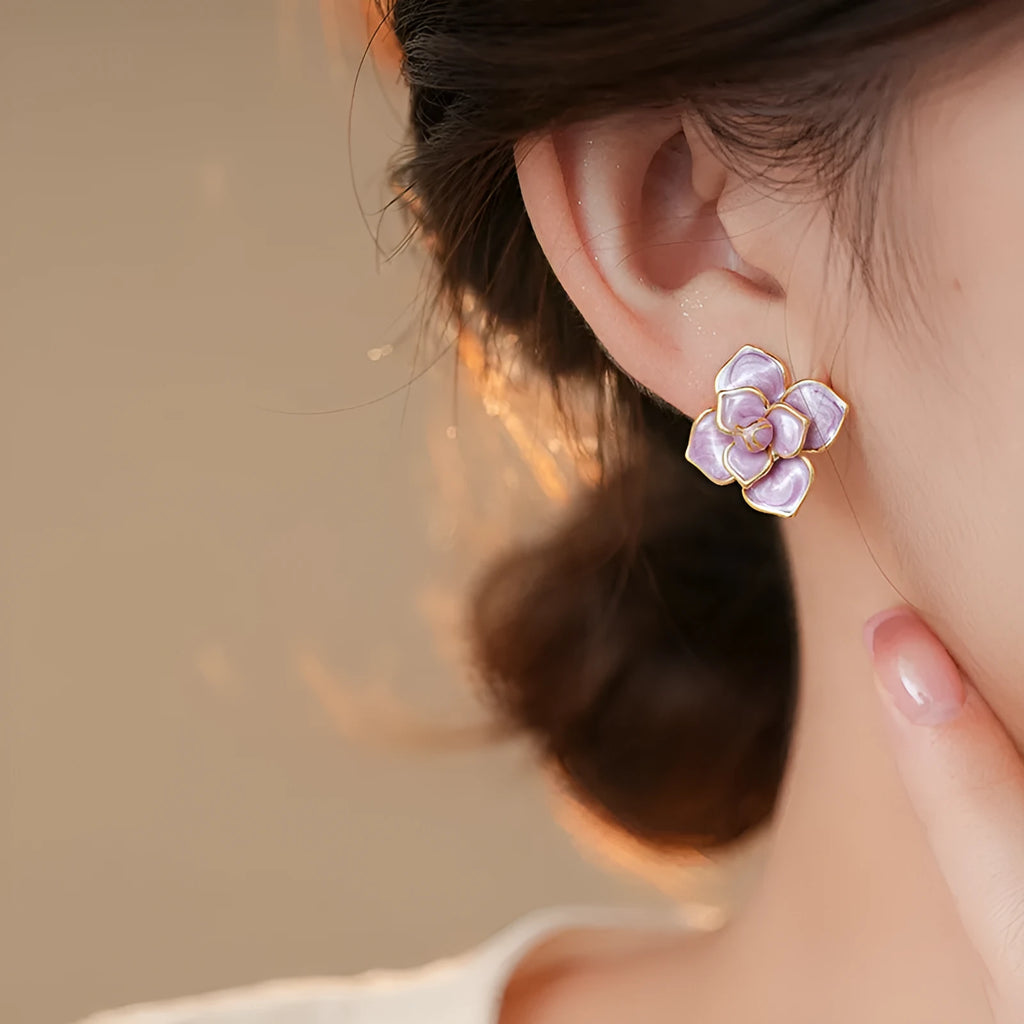 Gold-plated purple oil-spot glaze floral stud earrings with copper construction
