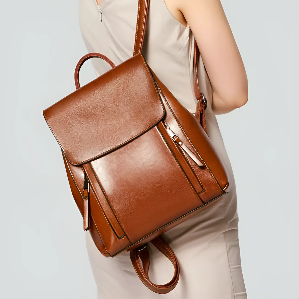 Genuine leather women's backpack in large square vertical design with shoulder straps