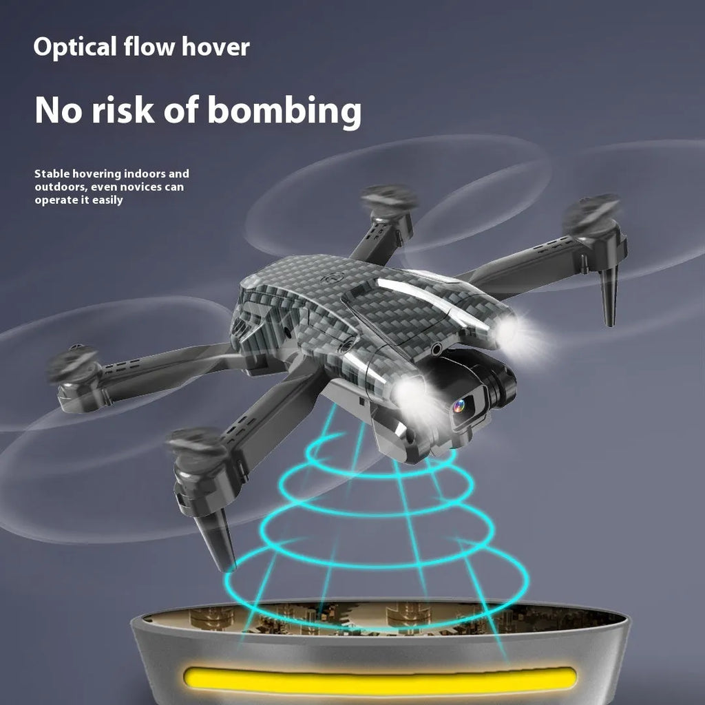 Black S138 carbon fibre appearance folding UAV drone with dual cameras for obstacle avoidance aerial photography.