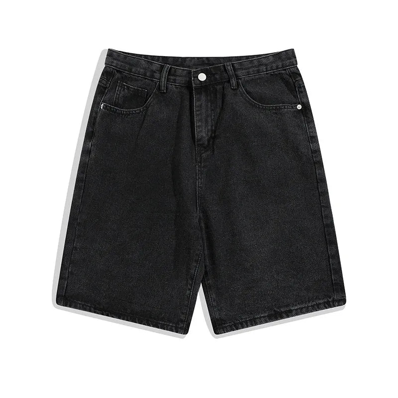 Men's light blue denim shorts with straight legs and a zipper fly on a mid-rise waist.