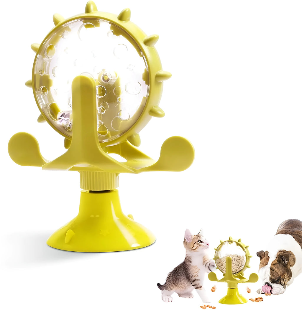 Interactive cat puzzle toy with rotating snack dispenser in blue, green, red, or yellow colours