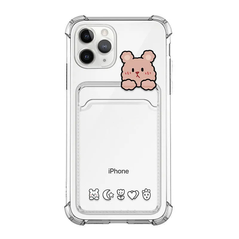Clear cartoon design TPU phone case with a credit card slot for Apple iPhone.