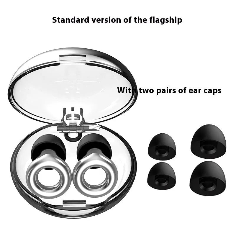 Noise reduction earplugs in five colours: gold, silver, transparent, purple, rose gold with storage case