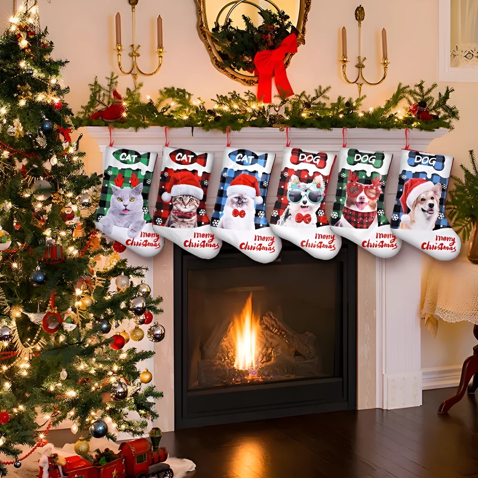 Green and black plaid cat cloth Christmas decoration measuring 26x36cm with Puppy Cat design