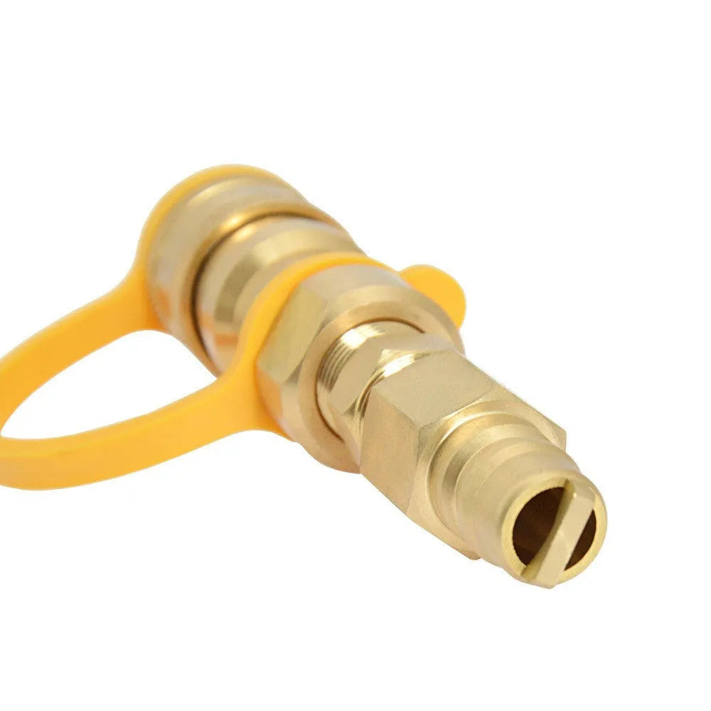 Solid brass propane gas tank charging connector with 3/8 inch US standard threads.