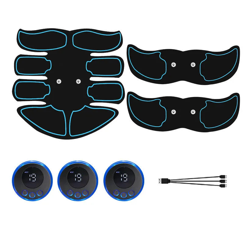Digital abdominal muscle stimulation patch set with three eight-electrode pads showing red edge variant