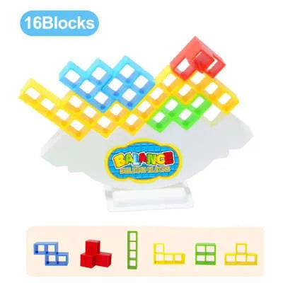 Balance stacking game with 16 plastic building blocks, chassis, and base on a table