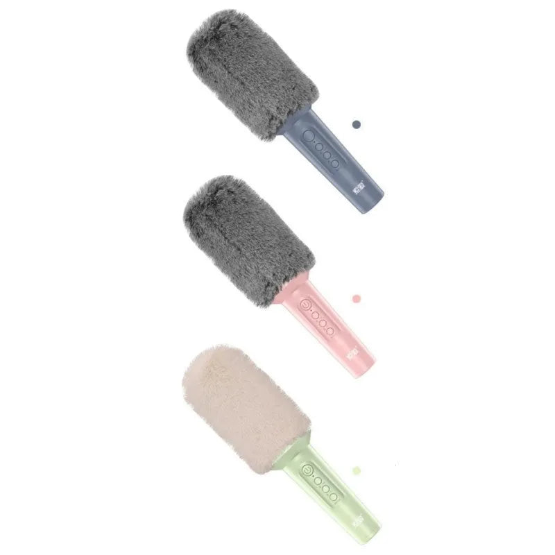 Bluetooth karaoke microphone with integrated speaker in pink, blue, or green colour.