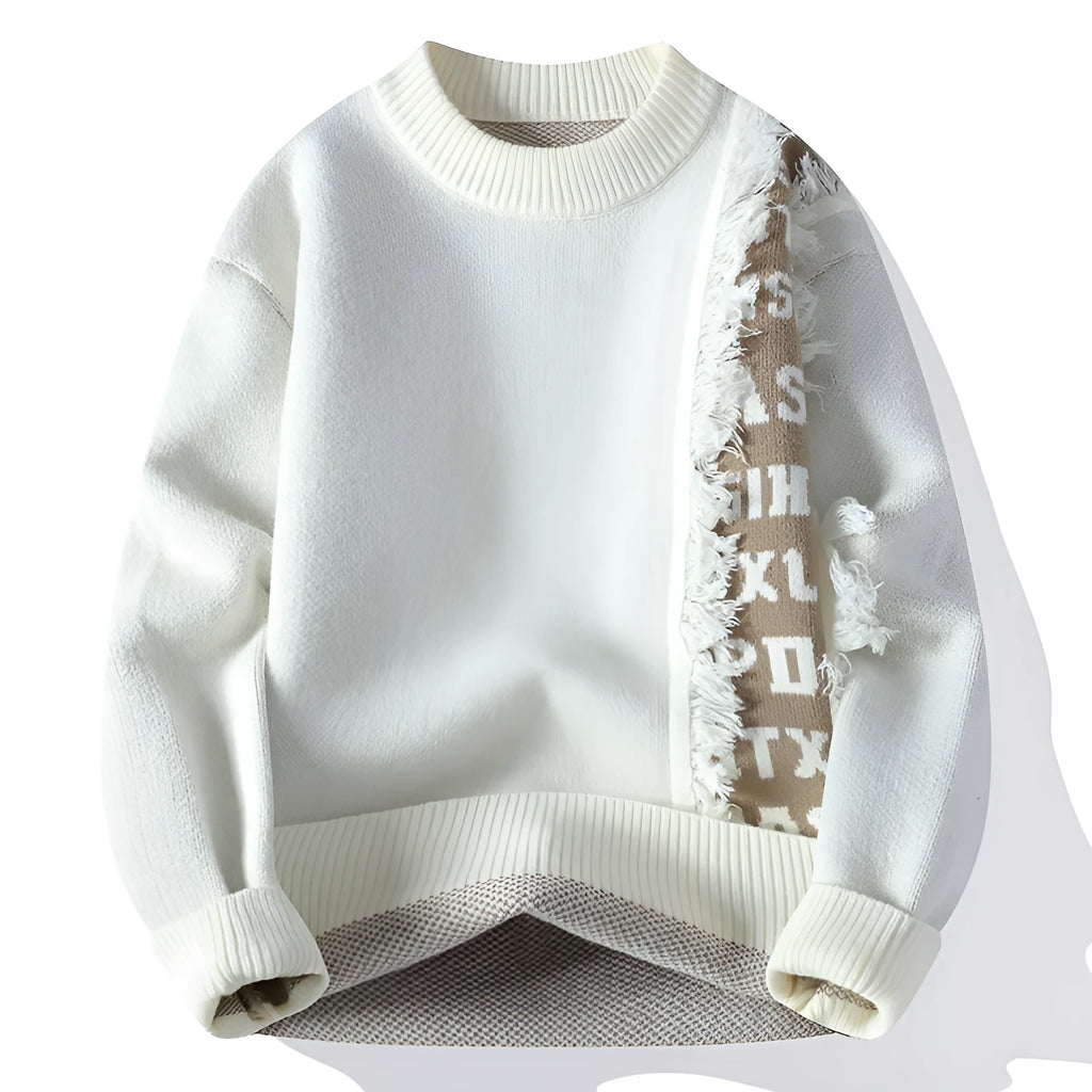 Men's loose grey knitted pullover with ribbed hemline on a hanger