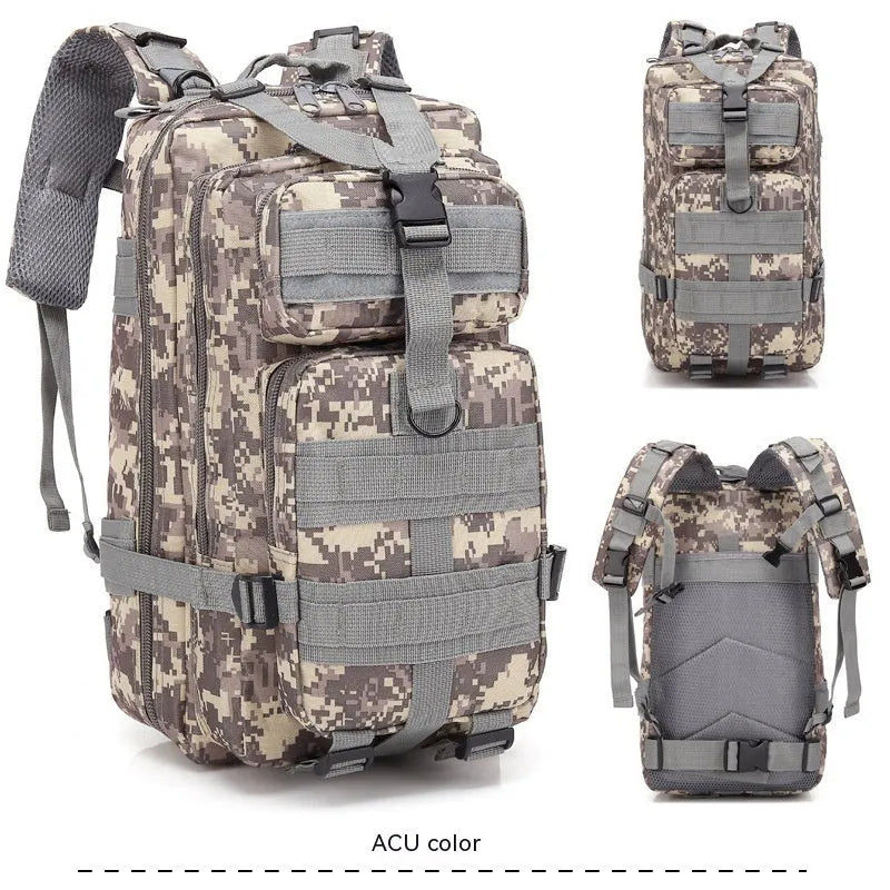 Large khaki Oxford cloth hiking backpack with air pillow belt system, shown for mountaineering use.