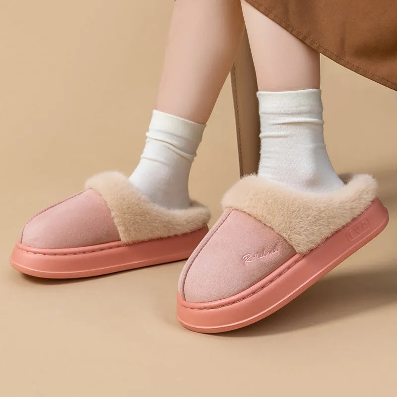 Fluffy couple slippers in pink and khaki with non-slip PVC sole and cloth upper for indoor home use