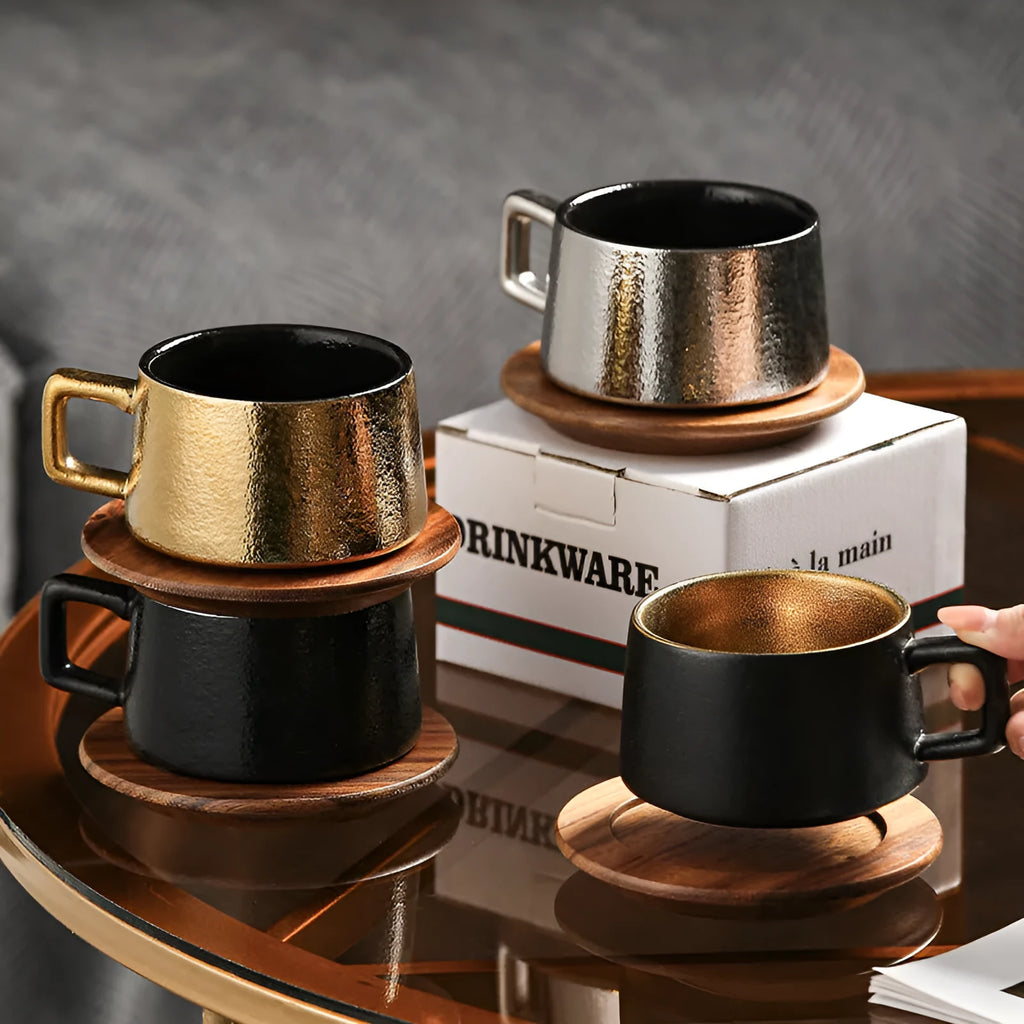 Ceramic coffee tumbler gift set with metal-plated gift box, approximately 250ml capacity, irregular shape