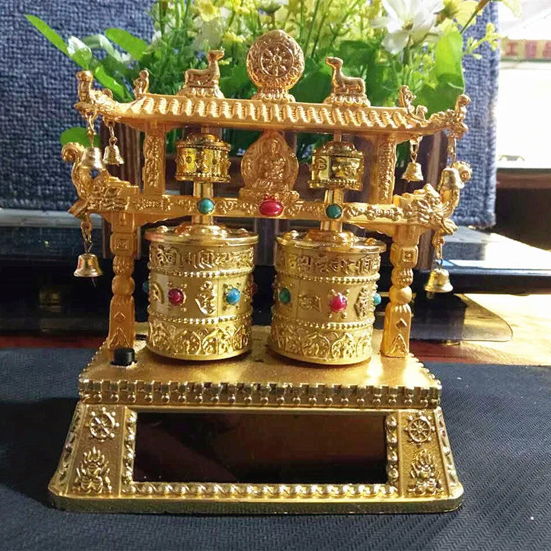 Traditional Chinese alloy prayer wheel car decoration for licence plate measuring 12×15×8cm