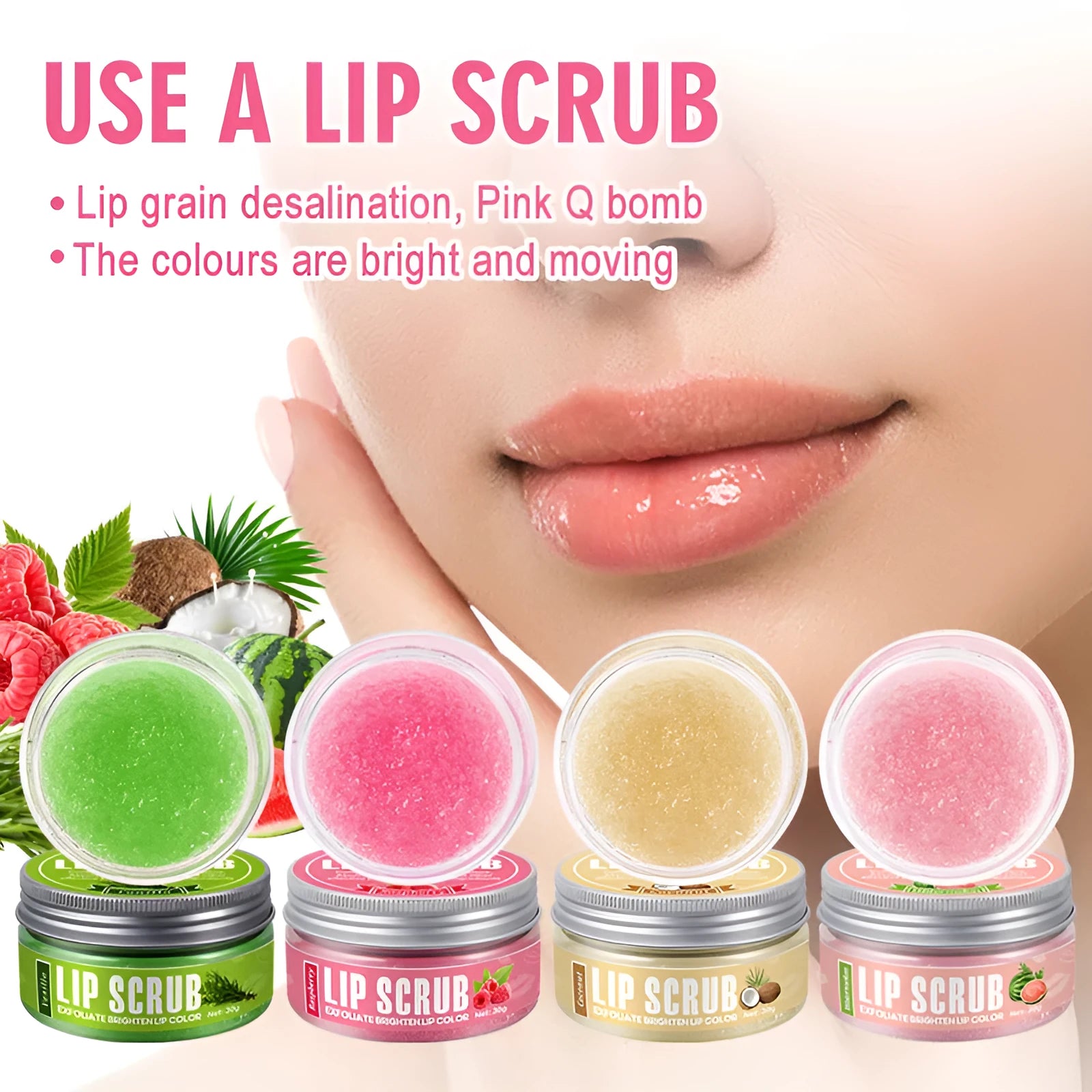 Amatoni Lip Scrub pot in Coconut, Raspberry, Vanilla, or Watermelon flavour, 30g size
