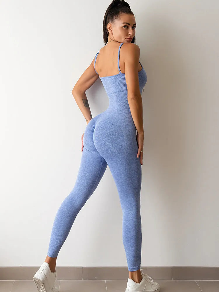 Women's black unitard jumpsuit with spaghetti straps and backless design for tummy control.