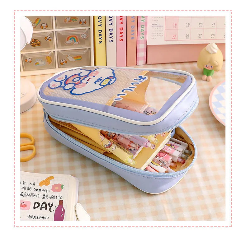 Transparent PVC pencil case with colourful cartoon character design