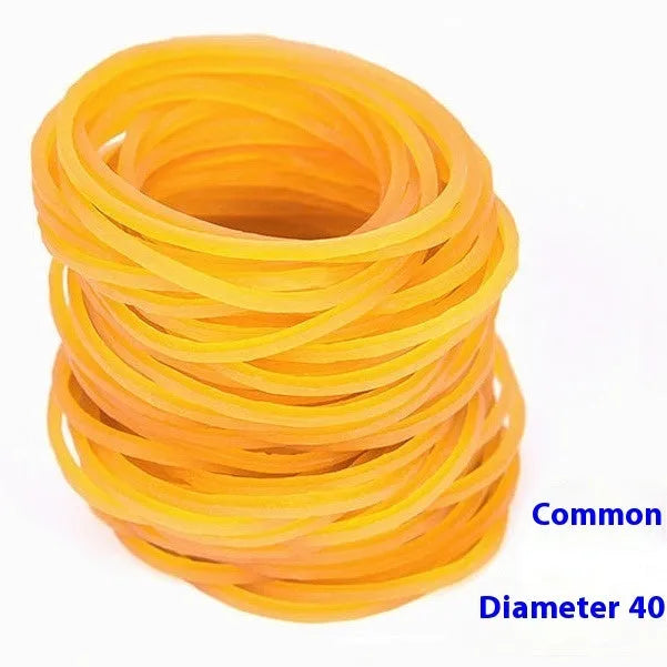500g pack of yellow industrial rubber bands in multiple diameters from 16mm to 70mm for heavy duty bundling